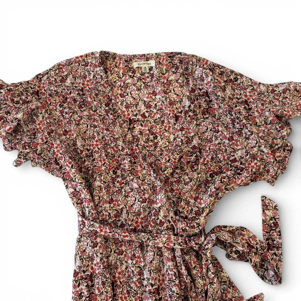 5 for $25!! MAX STUDIO Ruffle Crepe High/low Wrap Midi Dress S - Picture 5 of 8